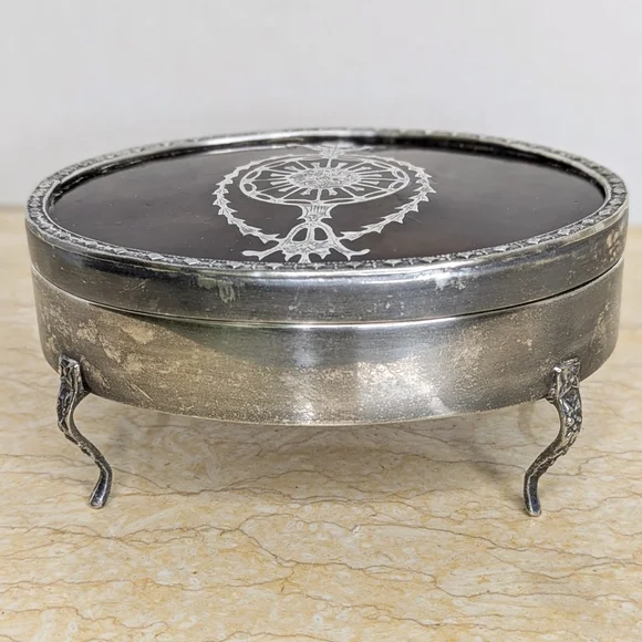 Vintage Tortoise Shell Pattern Silver Tone Metal Oval Jewelry Lidded Box - Picture 6 of 15